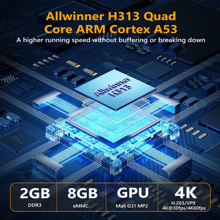 Puersit Android 10.0 teleriboks, Allwinner H313 neljatuumaline 64-bitine neljatuumaline Arm Cortex A53 protsessor, 2 GB muutmälu, 8 GB ROM, G31 OPenGL 3.2, toetab 2,4G 5,8 GHz WiFi-ühendust 4K UHD ja 100M LAN Etherneti Androidi mooduliga