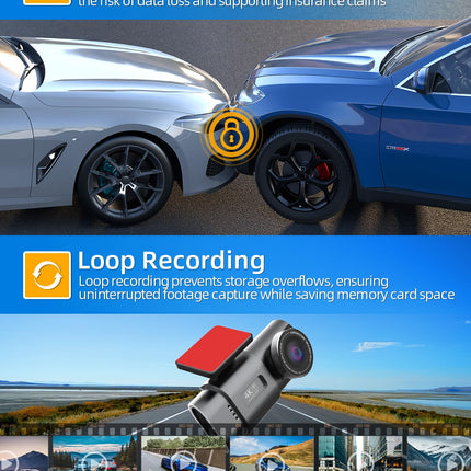 WiFi Dashcam Car Front Rear, 4K+1080P, Car Camera, App Control Car Camera with 64G SD Card, 170°+140° Ultra Wide Angle, Mini 1.47 Inch, Night Vision, WDR, G-Sensor, Loop Recording, Parking Monitoring