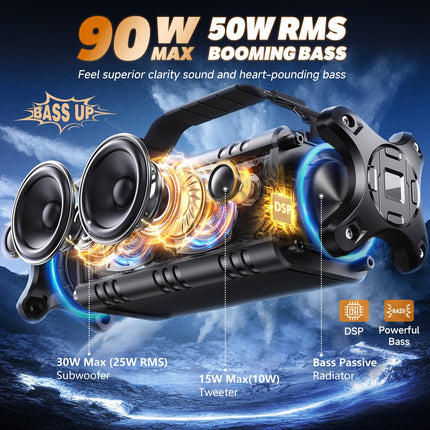 W-KING Bluetooth kõlar, 90W tippvõimsusega subwoofer, õuekõlar, IPX6 veekindel, kaasaskantav muusikakarp, sügav bass, Boombox, DSP, 40H aku, varupatarei, AUX, EQ, TF, telkimine, rand, aed