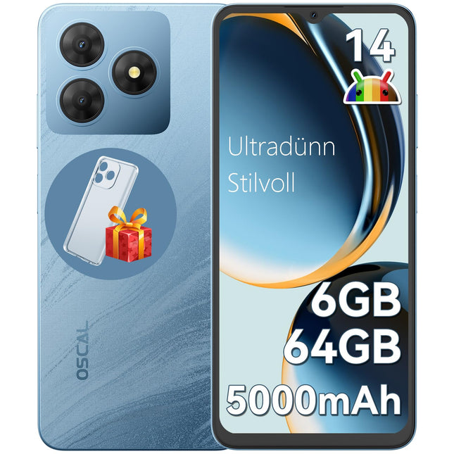 OSCAL Flat 2C mobiiltelefon ilma lepinguta Android 14, 6GB+64GB/2TB TF, kaheksatuumaline 6,56" HD+ ekraan, 5000mAh aku, 13MP+8MP kaamera, 4G kahe SIM-kaardiga nutitelefon ilma lepinguta, soodne SIM-lukuta mobiiltelefonid, GPS/2-aastane garantii