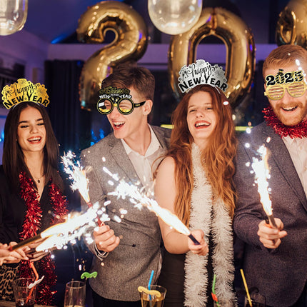 DPKOW Black Gold Silver New Year's Eve Decoration 2025 New Year's Eve Decoration Accessories New Year's Eve Party Hats Happy New Year Headband New Year's Eve Glasses Silicone Bracelet Horns for Decoration New Year's Eve Party 2025