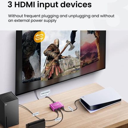 avedio lingid HDMI-lüliti koos 3,9 jala pikkuse HDMI-kaabliga, 4K@60Hz alumiiniumist HDMI-lüliti 3 sisse- ja 1 väljundiga, HDMI-jaotur 3 sisse- ja 1 väljundiga, toetab 3D-d, HDCP2.2, HDR10, 18 Gbit/s Fire Sticki, PS5, Xboxi, DVD ja Blu-Ray jaoks, roosa