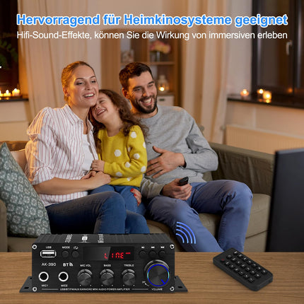 HiFi Stereo Amplifier Receiver for Home Speakers, AK-390 Bluetooth 5.0 Mini Audio Amp 2.0 Channel RMS 40W x 2 Audio Component Amplifier with 12V/5A Adapter, FM Radio, (BT, USB, AUX, Mic) Input