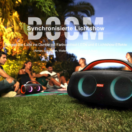 DOSS Extreme Boom+ Bluetooth kõlar, 100W stereoheli, rikkalik bass, 20h aku tööiga, varupatarei, IPX6 veekindlus, RGB tuled, kaasaskantav muusikakarp õue, telkimiseks, basseini, ranna ja aia jaoks – must