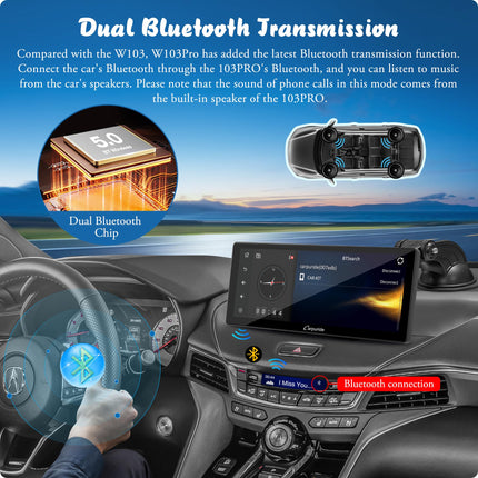 Carpuride W103 Pro juhtmevaba Bluetooth-edastusega kaasaskantav Carplay ja Androidi autostereo, 10,3-tolline 1080P puuteekraan peegeldamisega, toetab veoauto armatuurlauale paigaldamist