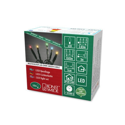 Konstsmide 6350-520 Micro LED valguskett / sisekasutuseks (IP20) / 10 värvilist dioodi / 24V sisemine trafo / tumeroheline kaabel