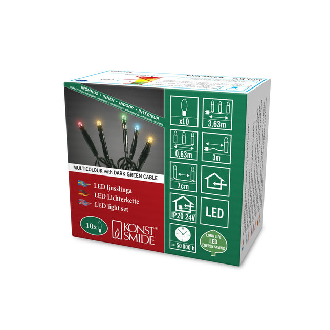 Konstsmide 6350-520 Micro LED valguskett / sisekasutuseks (IP20) / 10 värvilist dioodi / 24V sisemine trafo / tumeroheline kaabel