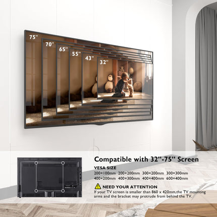 BONTEC teleri seinakinnitus 1040 mm ekstra pika liigendvarrega 32–75-tollistele LCD/LED/OLED lameekraanidele kuni 60 kg kaaluga, kallutatav, pööratav ja pööratav, telerikinnitus, max VESA 600 x 400 mm