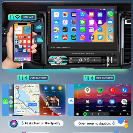 Podofo juhtmevaba Carplay autoraadio 1Din 7-tollise pikendatava ekraaniga, manuaalse ekraaniga, juhtmevaba Android Auto, Bluetooth 5.1, FM, 2USB/AUX/SD/roolil juhtimine, tahavaatekaamera, roolil juhtimine