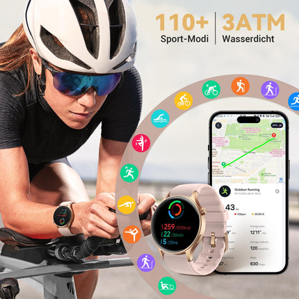 Naiste nutikell ümmargune telefonifunktsiooniga - 1,32-tolline AMOLED-ekraan, fitnesskell 110+ spordirežiimi ja 3ATM-iga, aktiivsusmonitor iPhone'ile/Androidile sammulugejaga, pulsimõõtja/SpO2/unemonitoriga - hall-roosa
