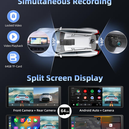【Uusim】 10,26-tolline Apple Carplay Android Auto ekraan reguleeritava 2,5K armatuurlauaga auto esi- ja tagaosa juhtmevaba Driveplay tahavaatekaameraga autoraadio Carplay Bluetooth Mirror Link 64G TF