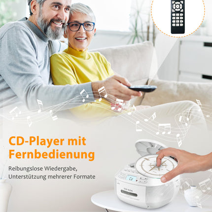 Greadio kaasaskantav CD-mängija, Boombox-kassettmängija Bluetoothiga, FM-raadio puldiga, AUX/USB taasesitus, kassettmakk, vahelduvvoolukaabel/patareitoide, LCD-ekraan lastele (valge)