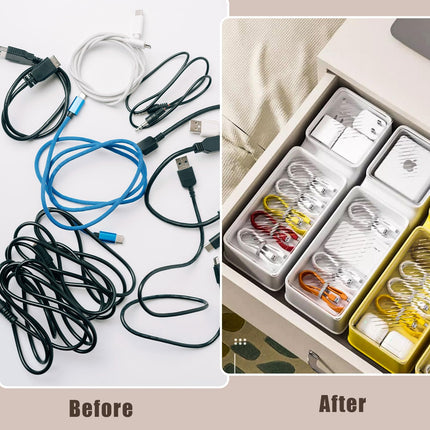YTACREA Cable Organizer Box with Lid - Double Layer, White Cable Box with Adjustable Compartments, Cable Organizer for Charging Cables, Batteries, Cable Management on the Desk, Cable Management Box, 1 Piece