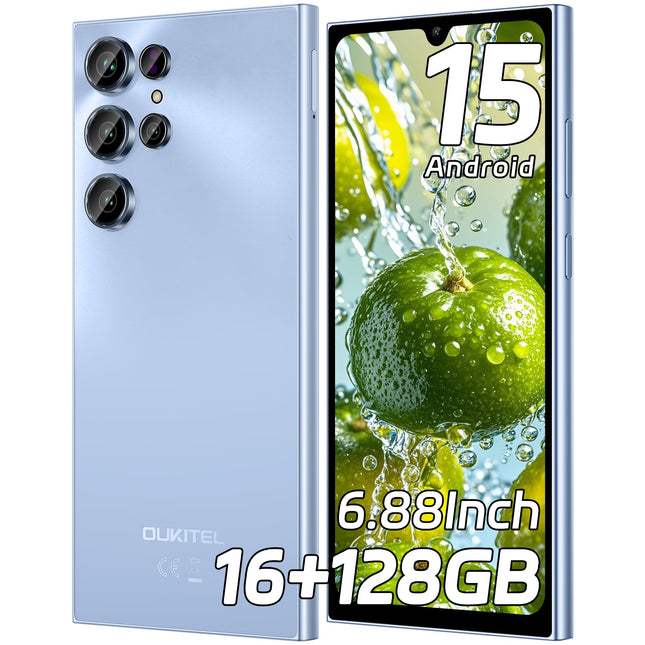 OUKITEL C61 Android 15 nutitelefon lukustamata, 16 GB + 128 GB / 1 TB mobiiltelefon ilma lepinguta, 6,88" HD+ 90Hz ekraan, 5150 mAh mobiiltelefon soodne, 13 MP + 5 MP, 4G kahe SIM-kaardiga SIM-kaardivabad mobiiltelefonid/sõrmejälg/OTG/näotuvastusega
