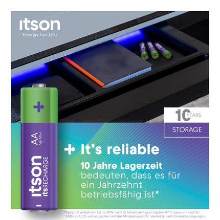 ITSON, AA rechargeable batteries, 8 pieces, capacity min. 2000 mAh, packaging 95% recycled, made in Japan, best for remote controls, flashlights, watches