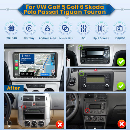 Inefala Android 13 autoraadio VW Golf 5, Golf 6, Skoda Polo, Passat Tiguan Touranile (2 + 64 GB) 2 DIN 9-tollise ekraaniga juhtmevaba CarPlayga Android Auto FM RDS GPS Bluetooth WiFi roolil juhtimine