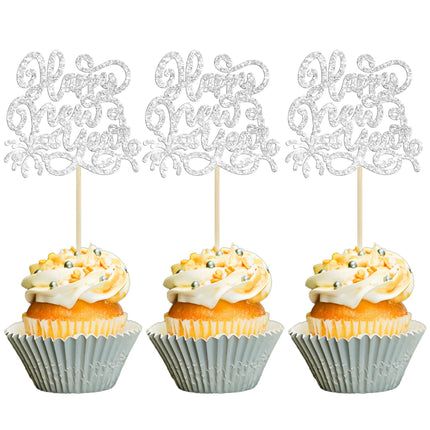 Gyufise 24 Pieces 2025 Happy New Years Cupcake Toppers Silver Glitter 2025 Happy New Year Party Decorations for Happy 2025 Cheers to 2025 Hello 2025 New Year's Eve Party Decorations Supplies