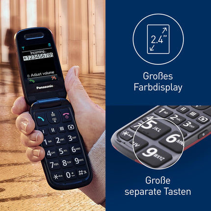 Panasonic KX-TU446EXR seenioride mobiiltelefon ilma lepinguta (SOS-hädaabikõne nupp, põrutuskindel, häälevõimendi, suured eraldi klahvid, suur fondi ja numbrite ekraan, valgus, 2,4-tolline värviline ekraan, klapitav telefon, punane)