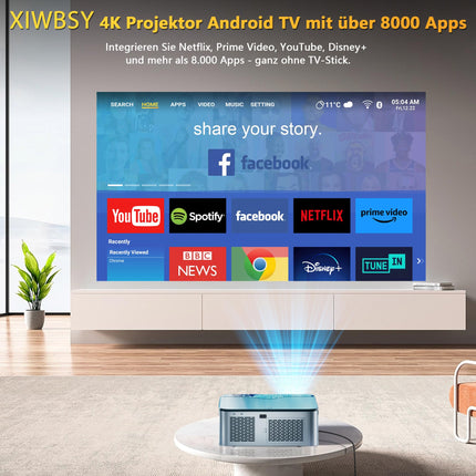 XIWBSY projektor 4K, 20000 luumeniga LED-projektor Androidile, Full HD 1080P Bluetooth-projektor, LED-kodukino videoprojektor 300 '' ekraan, sisseehitatud rakendus/WiFi peegeldav nutiprojektor