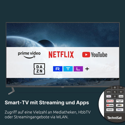 TechniSat TV 65 UHD - 65-tolline/164 cm 4K/UHD nutiteler (kolmekordne tuuner, WiFi, voogedastusrakendused, Bluetooth, USB-salvestus, ajanihkefunktsioon, 2 x 10 vatti) must