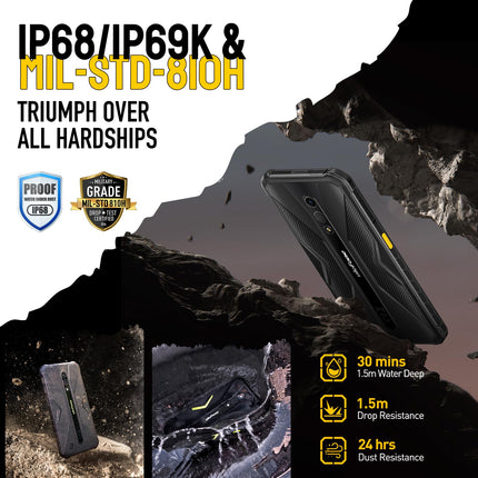 Ulefone Armor X12 Pro õues kasutatav nutitelefon Android 14 kaheksatuumalise 8 GB + 64 GB/SD-256 GB mäluga, IP68 veekindel lepinguta mobiiltelefon, 4G kahe SIM-kaardiga mobiiltelefon 4860mAh akuga, 13 MP + 8 MP, 5 GHz Wi-Fi/NFC/OTG/GPS/must