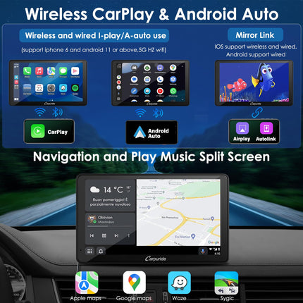 Carpuride Wireless Carplay &amp; Android Auto, 7-inch Touchscreen Digital Media Car Stereo Receiver, Portable Car Radio with Backup Camera, Mirror Link, Bluetooth, GPS, AUX, FM