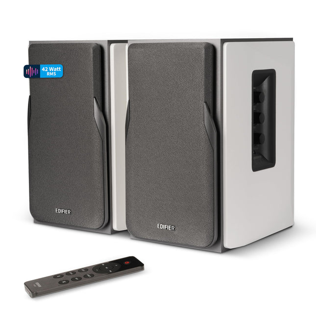 EDIFIER Studio R1380DB 2.0 riiulikõlarisüsteem (42 vatti) Bluetooth 5.1-ga (aptX). Infrapuna-kaugjuhtimispult ja külgmised juhtnupud bassi, kõrgete helide ja helitugevuse jaoks. Ideaalne teleri, arvuti, nutitelefoni jms jaoks.