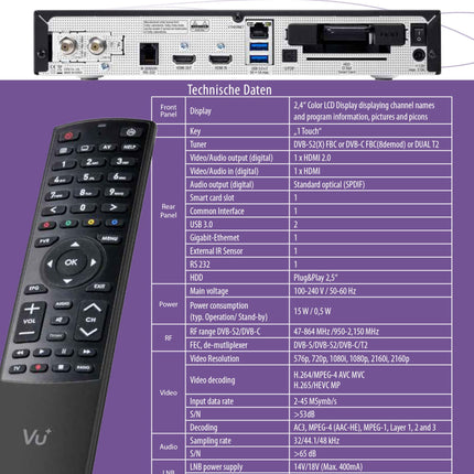 VU+ UNO 4K SE 1x DVB-S2 FBC kaksiktuuner 1TB kõvakettaga Linux vastuvõtja UHD 2160p