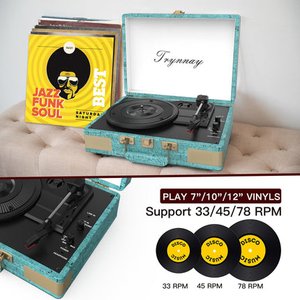 Trynnay Record Player 3-Speed ​​Bluetooth, Portable Suitcase Vinyl Player with Built-in Speakers, Record Player, Enhanced Audio Sound, Waxed Leather Retro Blue