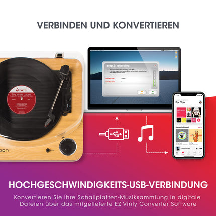 ION Audio Max LP - Vinyl Record Player Bluetooth with Built-in Speakers and USB, Wood Color
