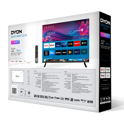 DYON Movie Smart 32 VX - 80 cm (32-tolline) televiisor (HD nutiteler, HD kolmekordne tuuner (DVB-C/-S2/-T2), App Store, Prime Video, Netflix, YouTube, DAZN, Disney+)