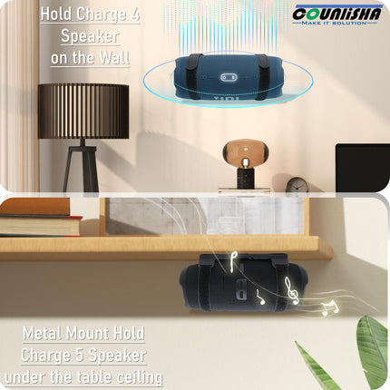 Counlisha metallist seinakinnitus, mis ühildub JBL Charge 6/Charge 5, 4, 3/Flip 7/Flip 6, 5, 4-ga, turvaline riiulikinnitus reguleeritavate nahkrihmadega, kõlari seinakinnitus lakke (must)