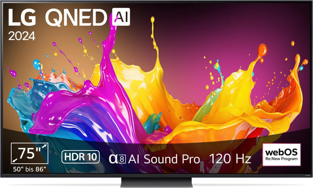 LG 75QNED86T6A televiisor 75" (190 cm) QNED-teler (α8 4K tehisintellektiga protsessor, webOS 24, HDR10, kuni 120 Hz) [Mudeliaasta 2024]