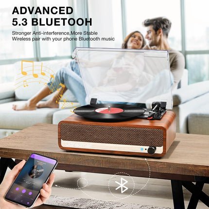 Udreamer plaadimängija kõlariga, Bluetooth-plaadimängija, vintage-vinüülimängija, toetab USB-AUX-sisendit, kõrvaklappe, RCA-liiniväljundit, 3 kiirust, rihmülekanne, peeglidisain, oranžkollane