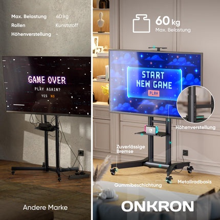 ONKRON ratastega telerialus 32–75-tollistele lame- ja kumeratele teleritele kuni 60 kg, telerialuse kõrgus reguleeritav max. VESA 600x400 professionaalne ratastega telekakäru, must telekakäru TS1571-B