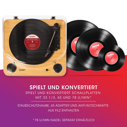 ION Audio Max LP - Vinyl Record Player Bluetooth with Built-in Speakers and USB, Wood Color