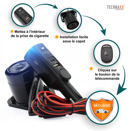 Technaxx TX-168 autoalarmisüsteem autodele, haagissuvilatele, paatidele ja kodudele - autoalarmisüsteem 105dB, välise sireeni, paanikanalnupu, 7-päevase aku tööeaga, PIR-liikumisanduriga, 2 USB-pordiga, lihtsa paigaldusega