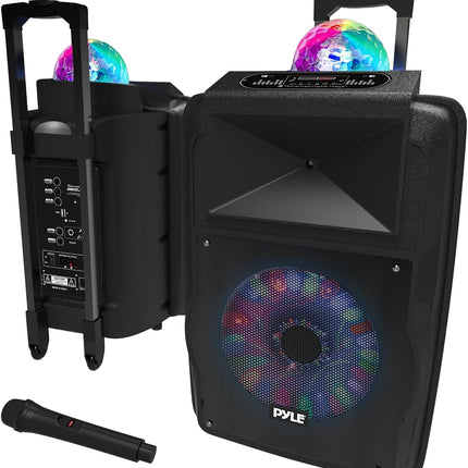 Pyle Partybox, suur Bluetooth-kõlar, 700W Boombox laetavate akude ja mikrofonikomplektiga, kaasaskantav muusikakarp, karaokekarp värvilise LED-valgusega, PA-süsteem USB, SD, FM, BT, AUX, käepideme ja ratastega