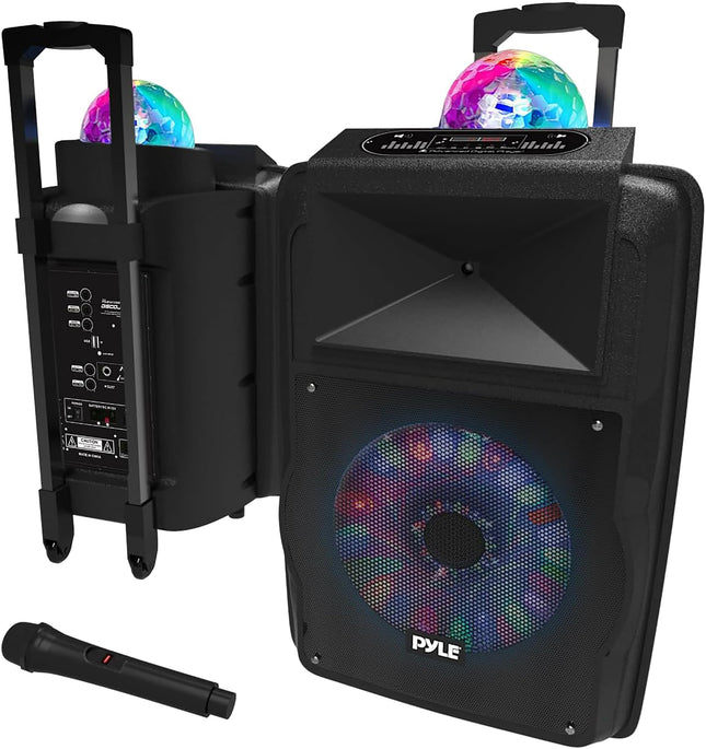 Pyle Partybox, suur Bluetooth-kõlar, 700W Boombox laetavate akude ja mikrofonikomplektiga, kaasaskantav muusikakarp, karaokekarp värvilise LED-valgusega, PA-süsteem USB, SD, FM, BT, AUX, käepideme ja ratastega
