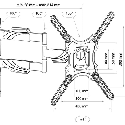 SCHWAIGERi teleri seinakinnitus 23–75-tolline telerikinnitus universaalne kuni 35 kg pöörlev käsi, kallutatav, pööratav, pikendatav, VESA 100x100 kuni 400x400 alumiinium, must