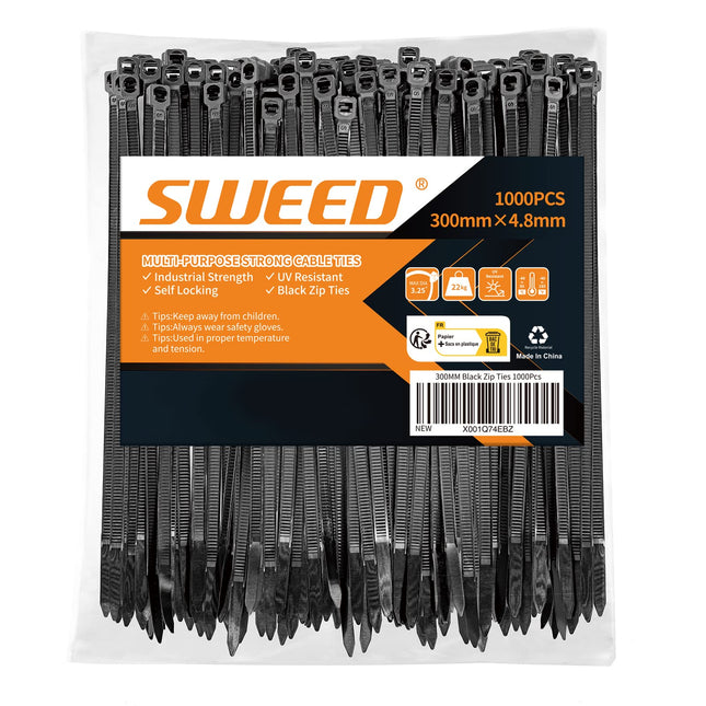 SWEED cable ties black 300mm, 1000 pieces cable ties UV-resistant, 4.8mm wide cable ties tensile strength of up to 22kg for industry, horticulture, cable industry