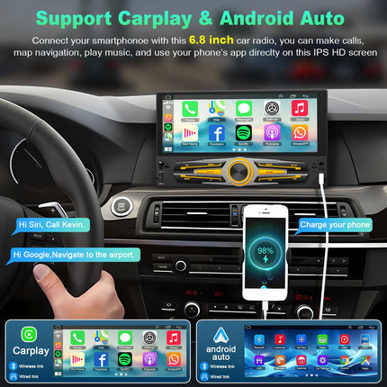 [Uuendus] Ühe DIN-pesaga autoraadio CarPlay ja Android Auto funktsioonidega, 6,8-tolline HD IPS-puuteekraan, autoaudio vastuvõtja peakomplekt toetab Bluetooth 5.2, FM/AM, SWC, Mirrorlink, USB Type-C laadimine + tahavaatekaamera