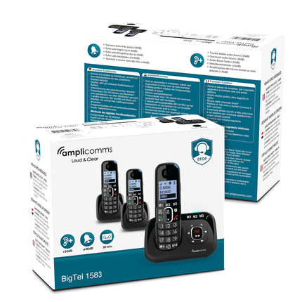 Amplicomms BigTel 1583 Trio juhtmeta DECT suurte nuppudega telefon, automaatvastaja, KOLM telefonitoru, helivõimendus, valjud helinad, ühildub kuuldeaparaatidega, ei sega