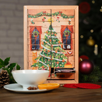 FROG.coffee tee advendikalender 2024 - 48 teekotti 24 erinevas sordis tippbrändidelt nagu Teekanne, Bad Heilbrunner, Bünting, ChariTea, Meßmer, Lebensbaum ja paljud teised.