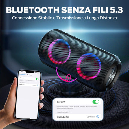 Oraolo Luster Wireless Bluetooth Speaker, Bluetooth Speaker with Lights, Portable Speaker 24W Loud Stereo Sound, 24H Playtime, AUX-in, IPX6 Waterproof for Outdoor Camping