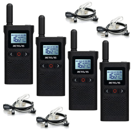 Retevis RB628 kahesuunaline raadiosaatja, laetav kahesuunaline raadiosaatja kõrvaklappidega, PMR446 litsentsivaba 16 kanalit, 1500mAh, VOX, LCD-ekraan, CTCSS/DCS, pihuarvuti restorani jaoks (4 tk, must)