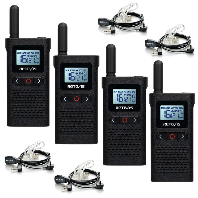 Retevis RB628 kahesuunaline raadiosaatja, laetav kahesuunaline raadiosaatja kõrvaklappidega, PMR446 litsentsivaba 16 kanalit, 1500mAh, VOX, LCD-ekraan, CTCSS/DCS, pihuarvuti restorani jaoks (4 tk, must)