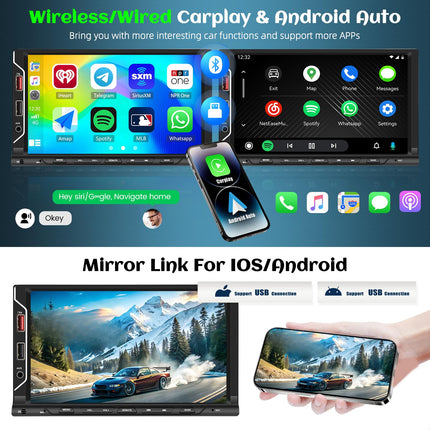 CAMECHO kahe DIN-iga autoraadio juhtmevaba Carplay ja Android Auto toega, 2 DIN-iga autoraadio 7-tollise autoekraaniga, puutetundliku ekraaniga autoraadio Bluetoothi, FM-raadio, EQ ja USB-ühendusega + tahavaatekaamera + mikrofon