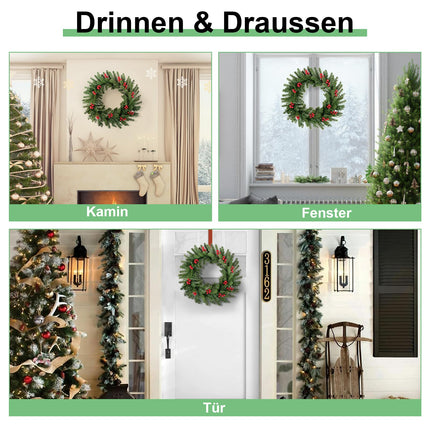Christmas wreath for the front door with 12 red berries, 120 pine leaf tips, artificial Christmas garland made of PVC+PE, hanging wreath, Christmas decoration for indoor outdoor window fireplace wall