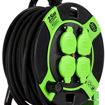 REV cable reel, extension cable, outdoor, IP44, 4 sockets, thermal switch, 25 m, up to 3000 W, black